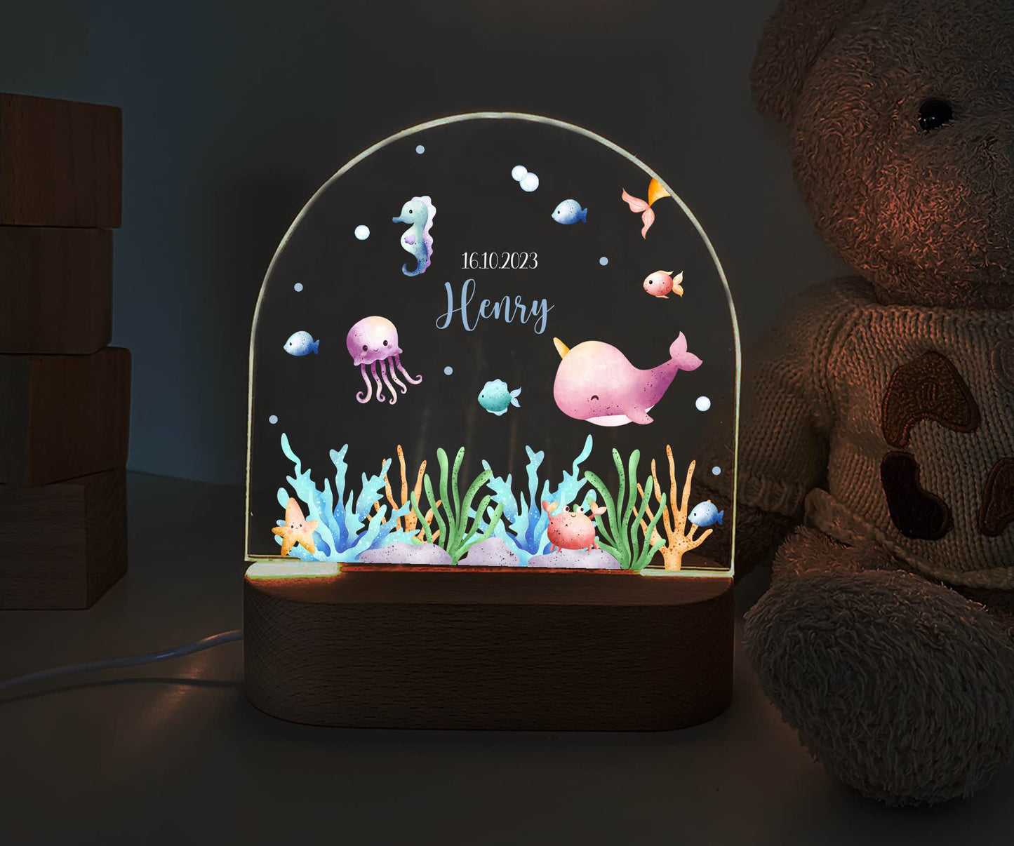 personalisiertes Nachtlicht, Kinder Nachtlampe, Kinderzimmerlampe, Kinderzimmerdeko personalisiert, Geschenk für Kinder, Babygeschenk, LED Nachtlampe für Kinder, Mitbringsel Geschenk Kinder, kleine Geschenke für Kinder, Aquarium, Fische, Wasser, Unterwasser