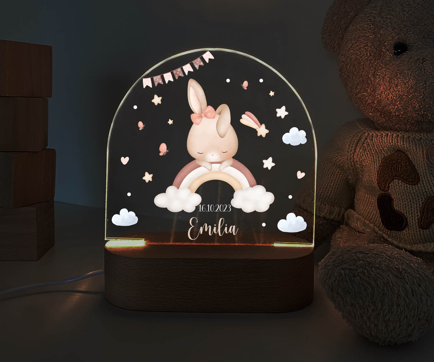 personalisiertes Nachtlicht, Kinder Nachtlampe, Kinderzimmerlampe, Kinderzimmerdeko personalisiert, Geschenk für Kinder, Babygeschenk, LED Nachtlampe für Kinder, Mitbringsel Geschenk Kinder, kleine Geschenke für Kinder, Regenbogen, Hase