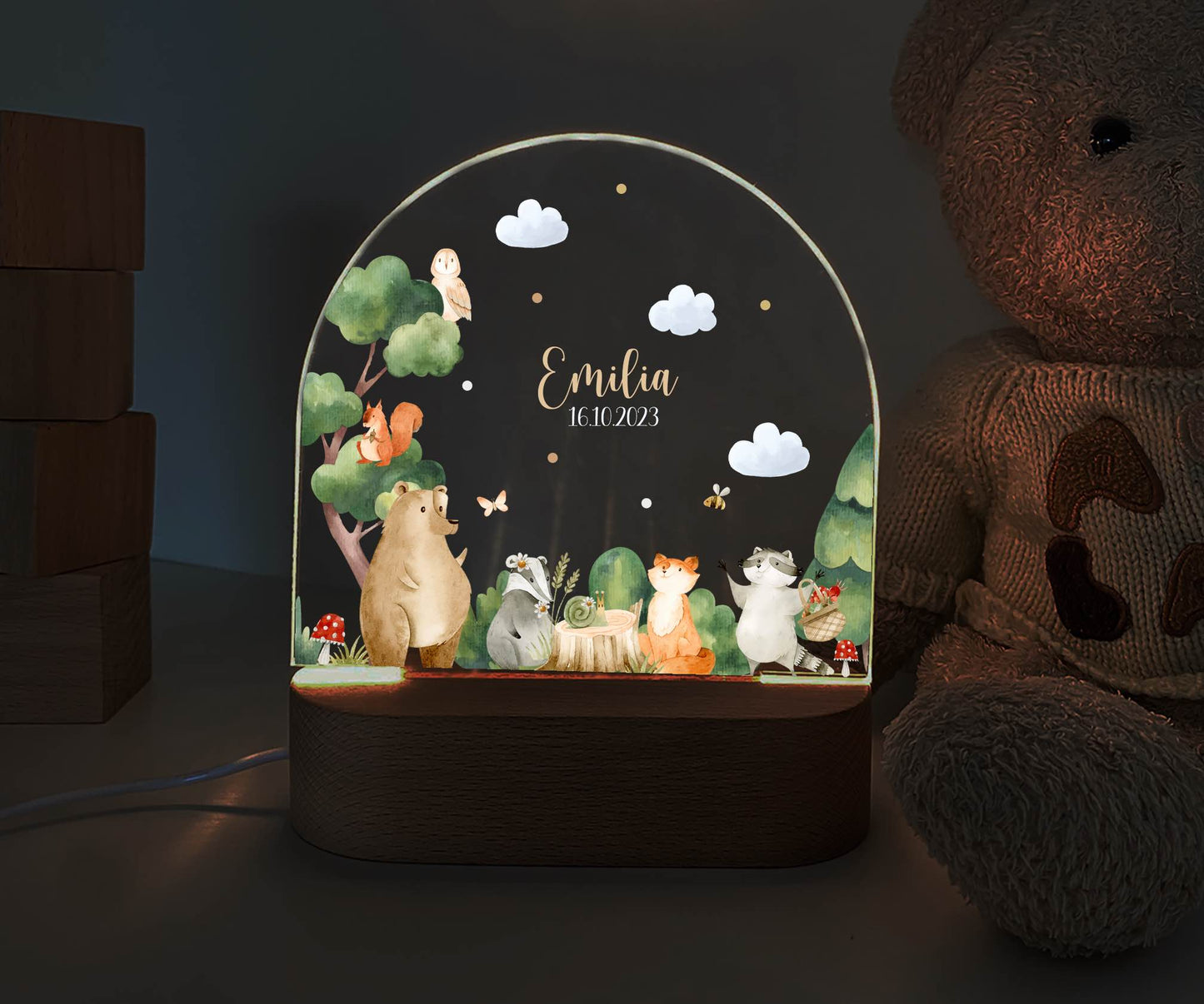 personalisiertes Nachtlicht, Kinder Nachtlampe, Kinderzimmerlampe, Kinderzimmerdeko personalisiert, Geschenk für Kinder, Babygeschenk, LED Nachtlampe für Kinder, Mitbringsel Geschenk Kinder, kleine Geschenke für Kinder, Wald, Waldtiere, Waschbär, Fuchs, Bär, Eichhörnchen, Uhu