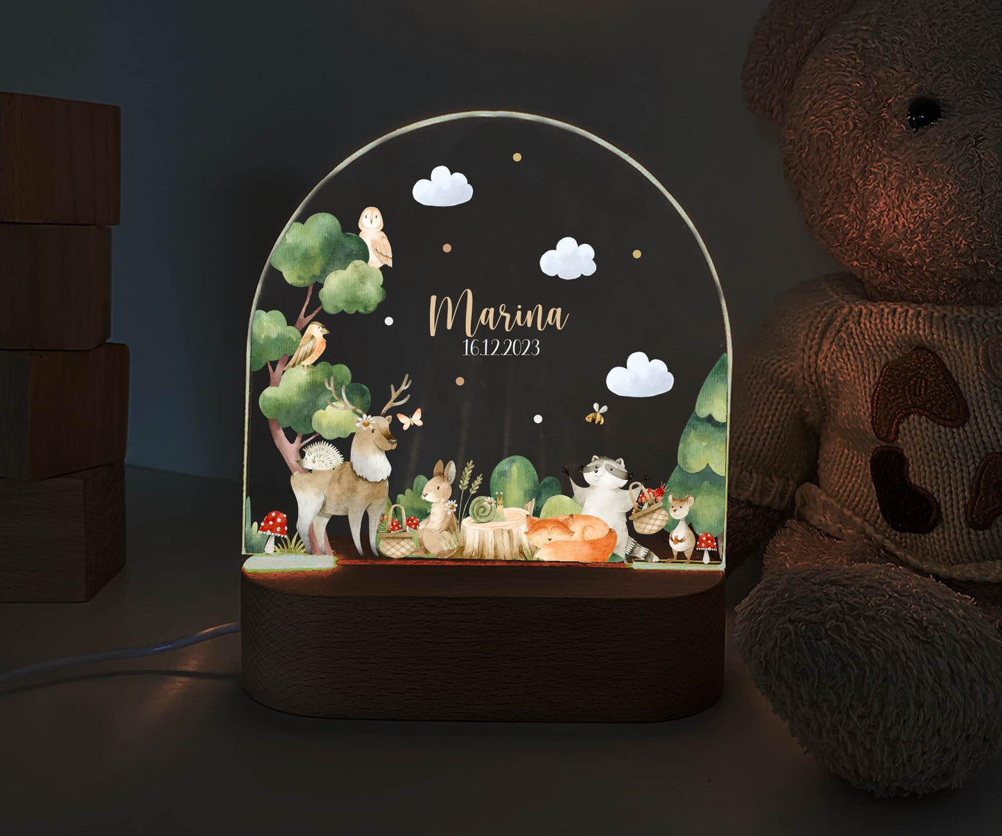 personalisiertes Nachtlicht, Kinder Nachtlampe, Kinderzimmerlampe, Kinderzimmerdeko personalisiert, Geschenk für Kinder, Babygeschenk, LED Nachtlampe für Kinder, Mitbringsel Geschenk Kinder, kleine Geschenke für Kinder, Reh, Wald, Waldtiere, Waschbär, Fuchs, Uhu, Hase