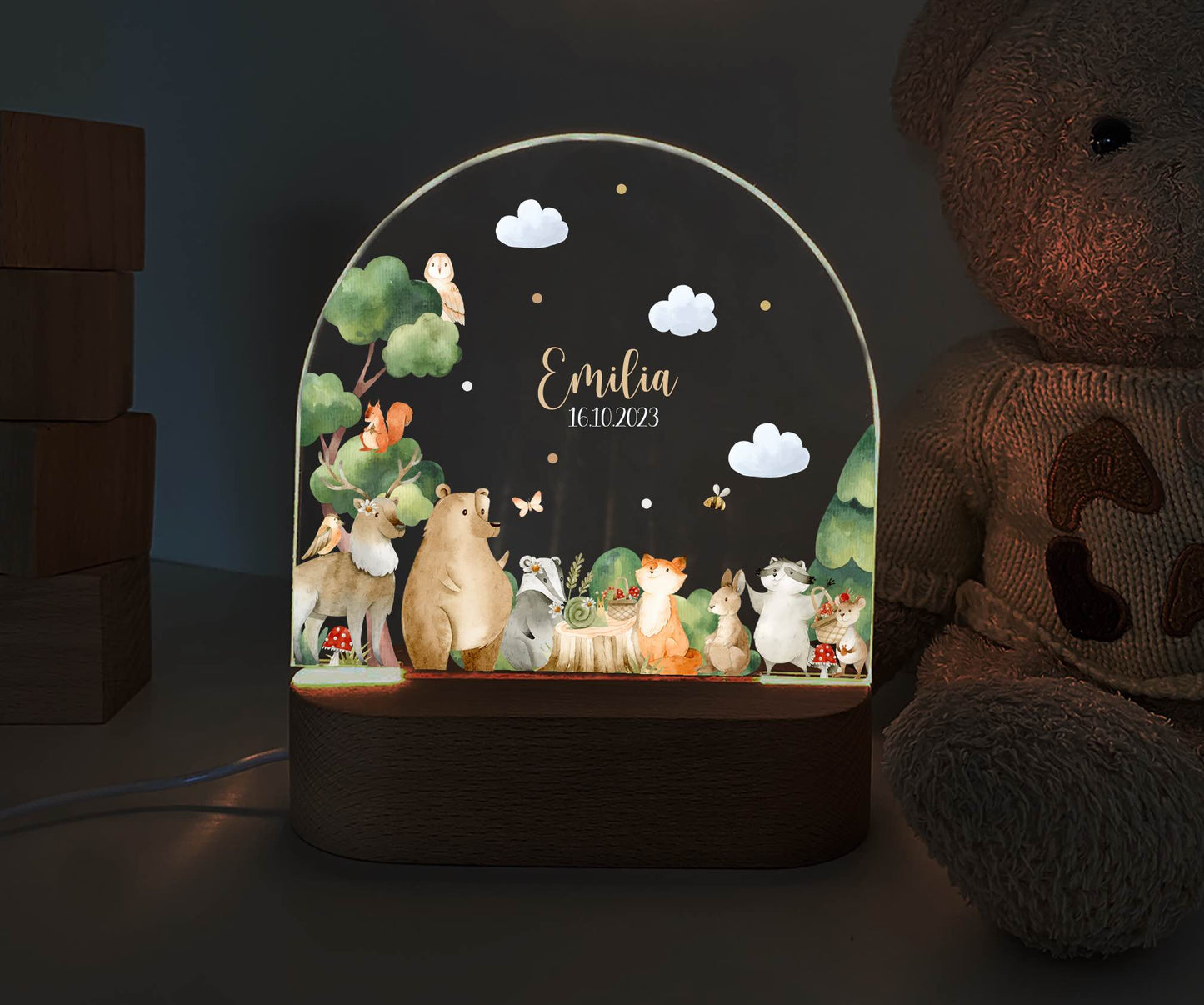 personalisiertes Nachtlicht, Kinder Nachtlampe, Kinderzimmerlampe, Kinderzimmerdeko personalisiert, Geschenk für Kinder, Babygeschenk, LED Nachtlampe für Kinder, Mitbringsel Geschenk Kinder, kleine Geschenke für Kinder, Reh, Wald, Waldtiere, Waschbär, Fuchs, Uhu, Hase