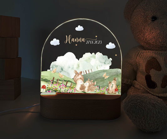 personalisiertes Nachtlicht, Kinder Nachtlampe, Kinderzimmerlampe, Kinderzimmerdeko personalisiert, Geschenk für Kinder, Babygeschenk, LED Nachtlampe für Kinder, Mitbringsel Geschenk Kinder, kleine Geschenke für Kinder, Wiese, Rehe, Rentier, Hasen Traum