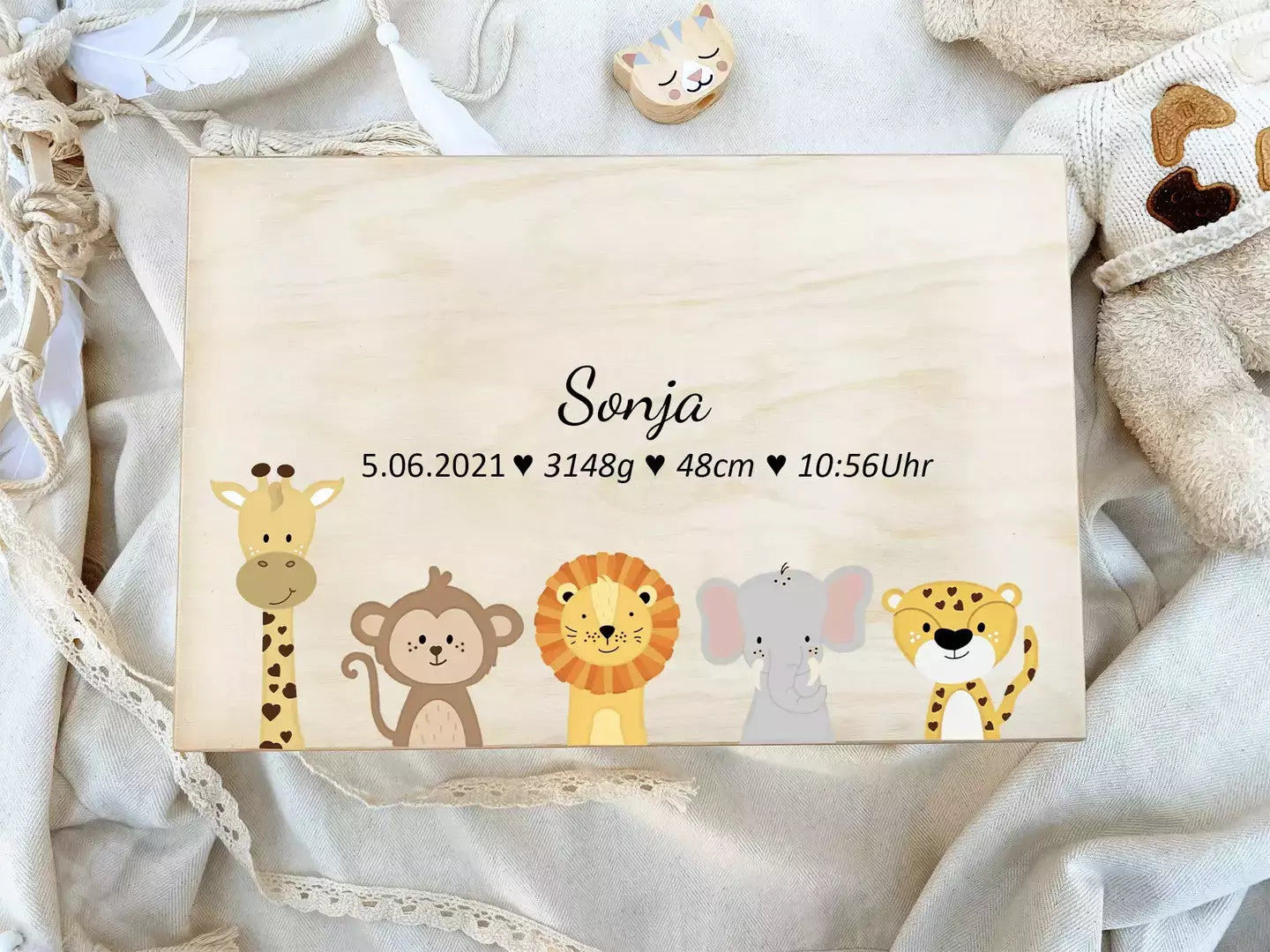 Erinnerungsbox Baby personalisiert "DownUnder" Aquarell Giraffe Affe Löwe Elefant Jaguar