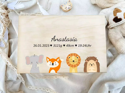 Erinnerungsbox Baby personalisiert "DownUnder" Aquarell Elefant Fuchs Löwe Igel